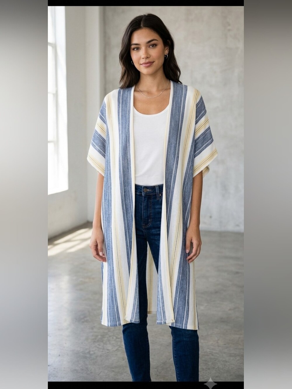 Ambiance Vertical Stripe Open-Front Cardigan in Yellow and Navy LG